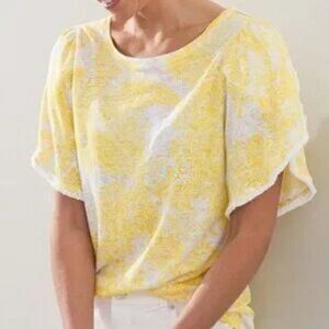 NWOT Chico’s Linen Short Sleeved Blouse Yellow White Size 2 (Sz L) crochet boho